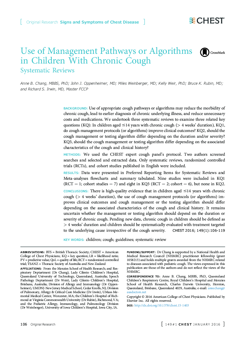 Use of Management Pathways or Algorithms in Children With Chronic Cough