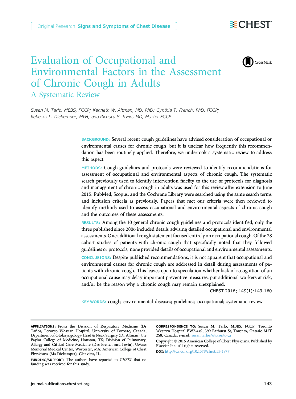 Evaluation of Occupational and Environmental Factors in the Assessment of Chronic Cough in Adults
