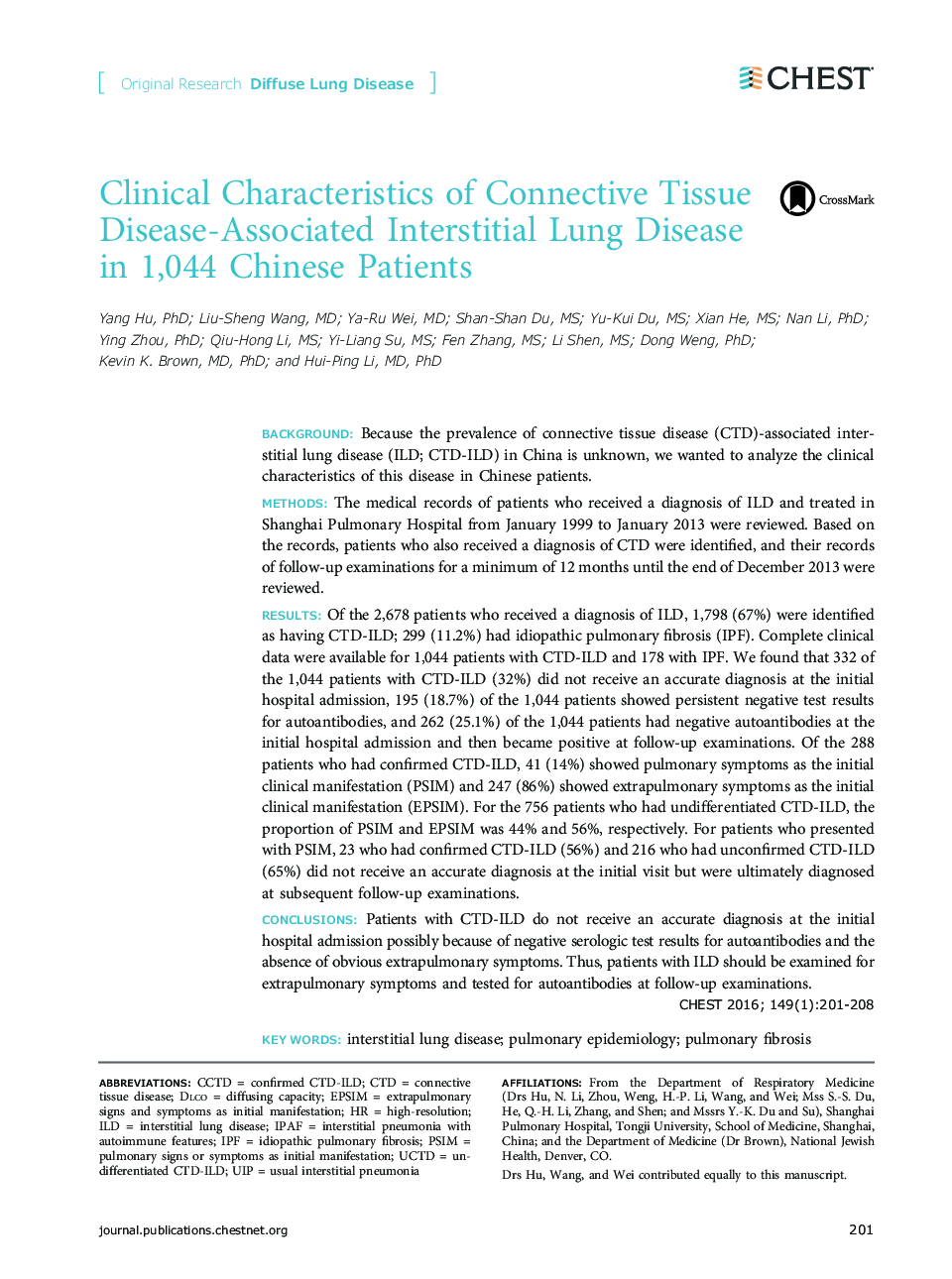 Clinical Characteristics of Connective Tissue Disease-Associated Interstitial Lung Disease in 1,044 Chinese Patients