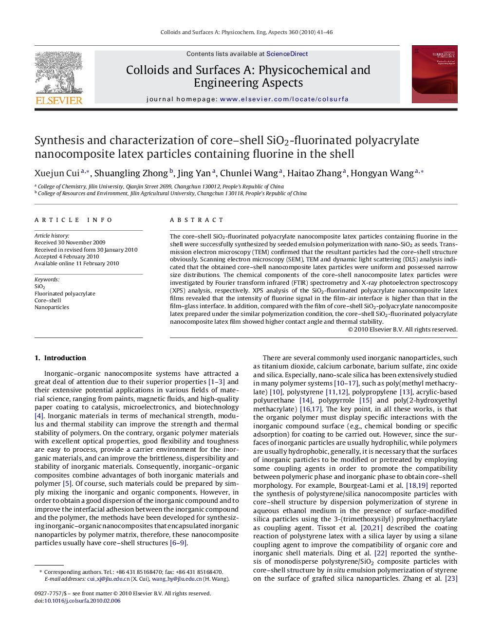 Synthesis and characterization of core–shell SiO2-fluorinated polyacrylate nanocomposite latex particles containing fluorine in the shell