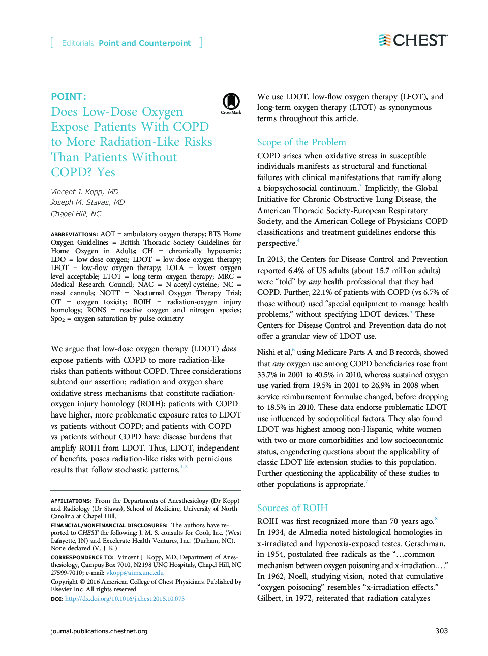 POINT: Does Low-Dose Oxygen Expose Patients With COPD to More Radiation-Like Risks Than Patients Without COPD? Yes