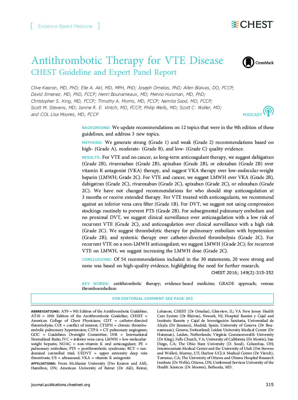 Antithrombotic Therapy for VTE Disease: CHEST Guideline and Expert Panel Report