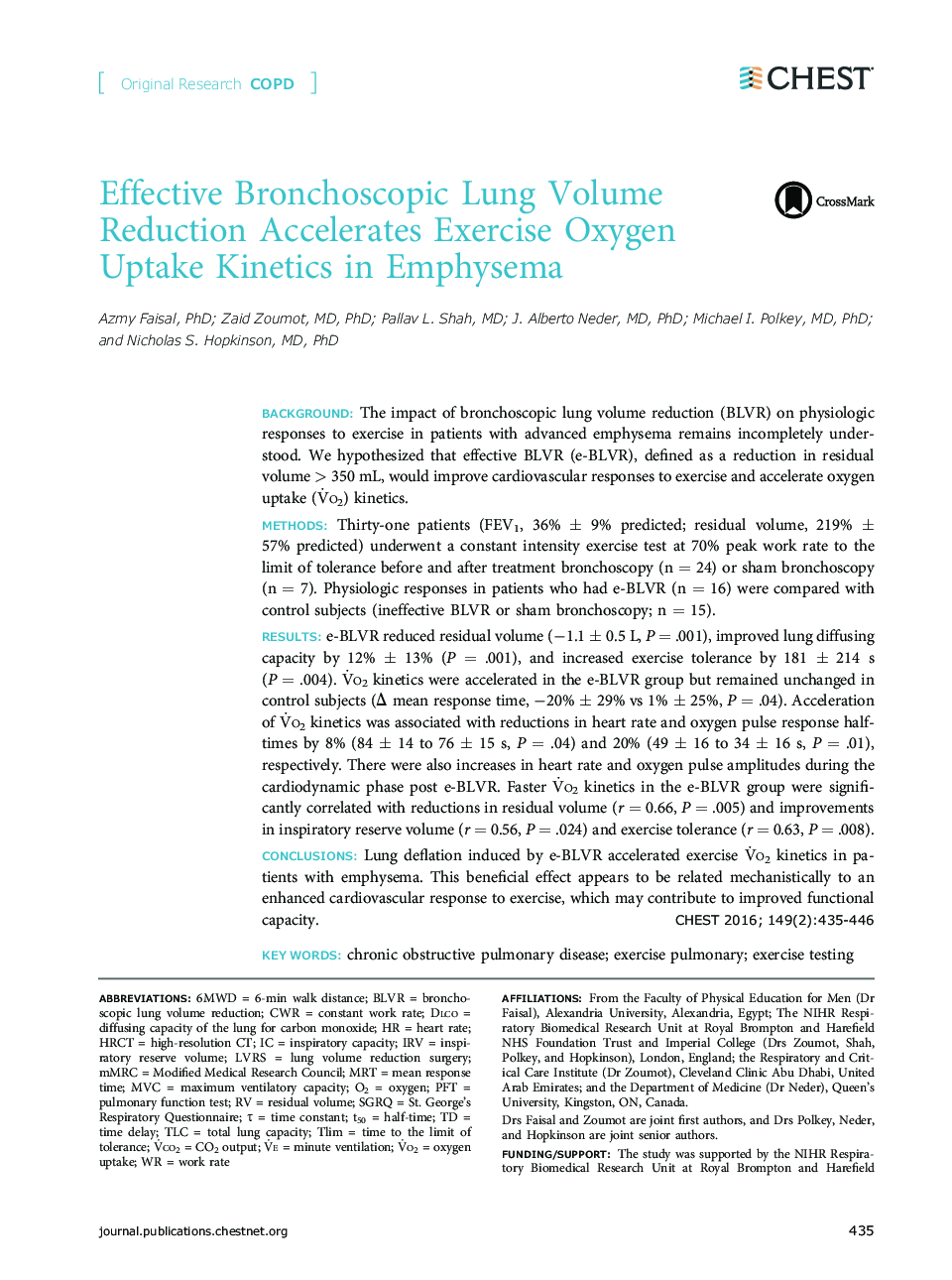 Original Research: COPDEffective Bronchoscopic Lung Volume Reduction Accelerates Exercise Oxygen Uptake Kinetics in Emphysema
