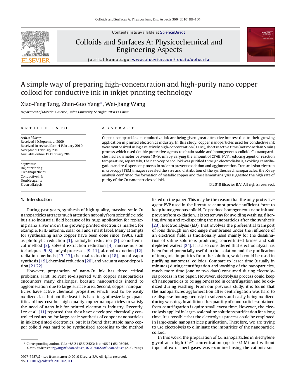 A simple way of preparing high-concentration and high-purity nano copper colloid for conductive ink in inkjet printing technology