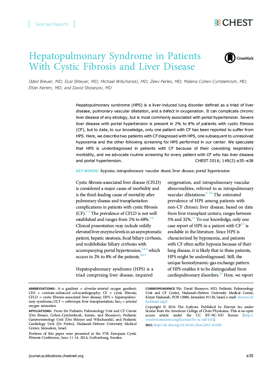 Hepatopulmonary Syndrome in Patients With Cystic Fibrosis and Liver Disease