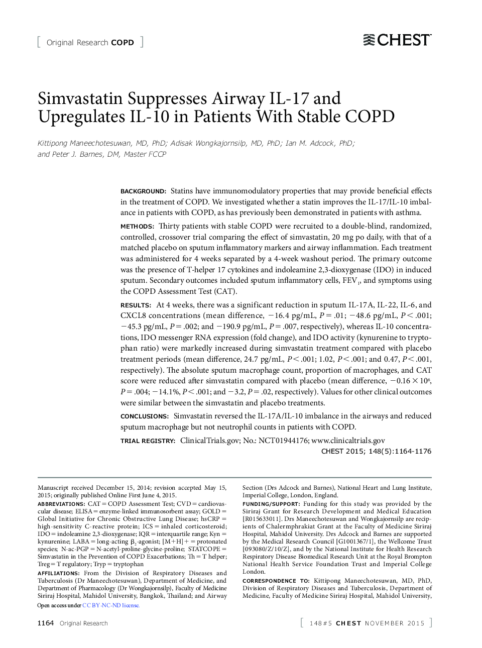 Simvastatin Suppresses Airway IL-17 and Upregulates IL-10 in Patients With Stable COPD