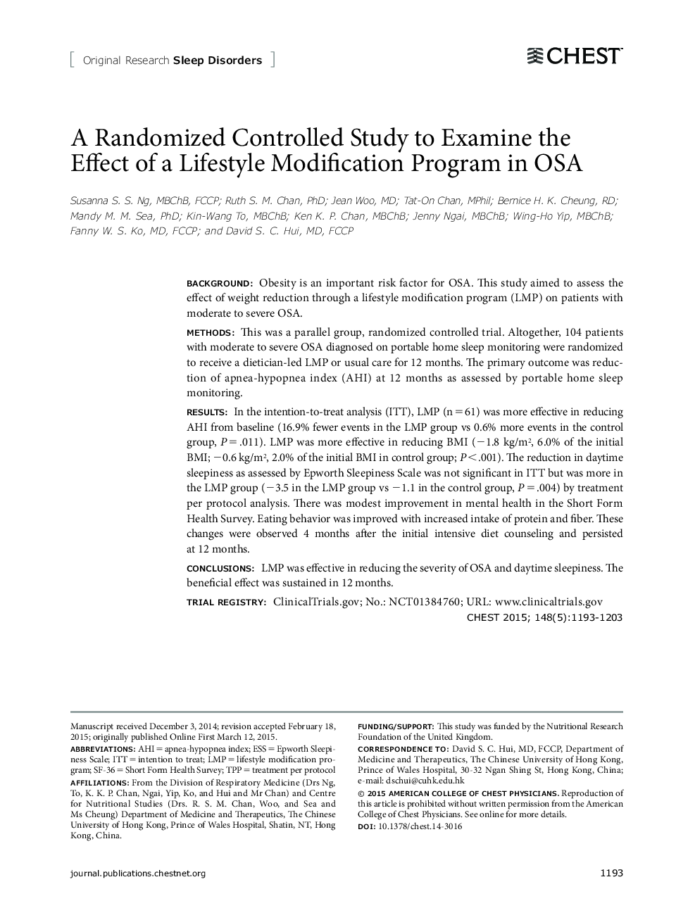 A Randomized Controlled Study to Examine the Effect of a Lifestyle Modification Program in OSA