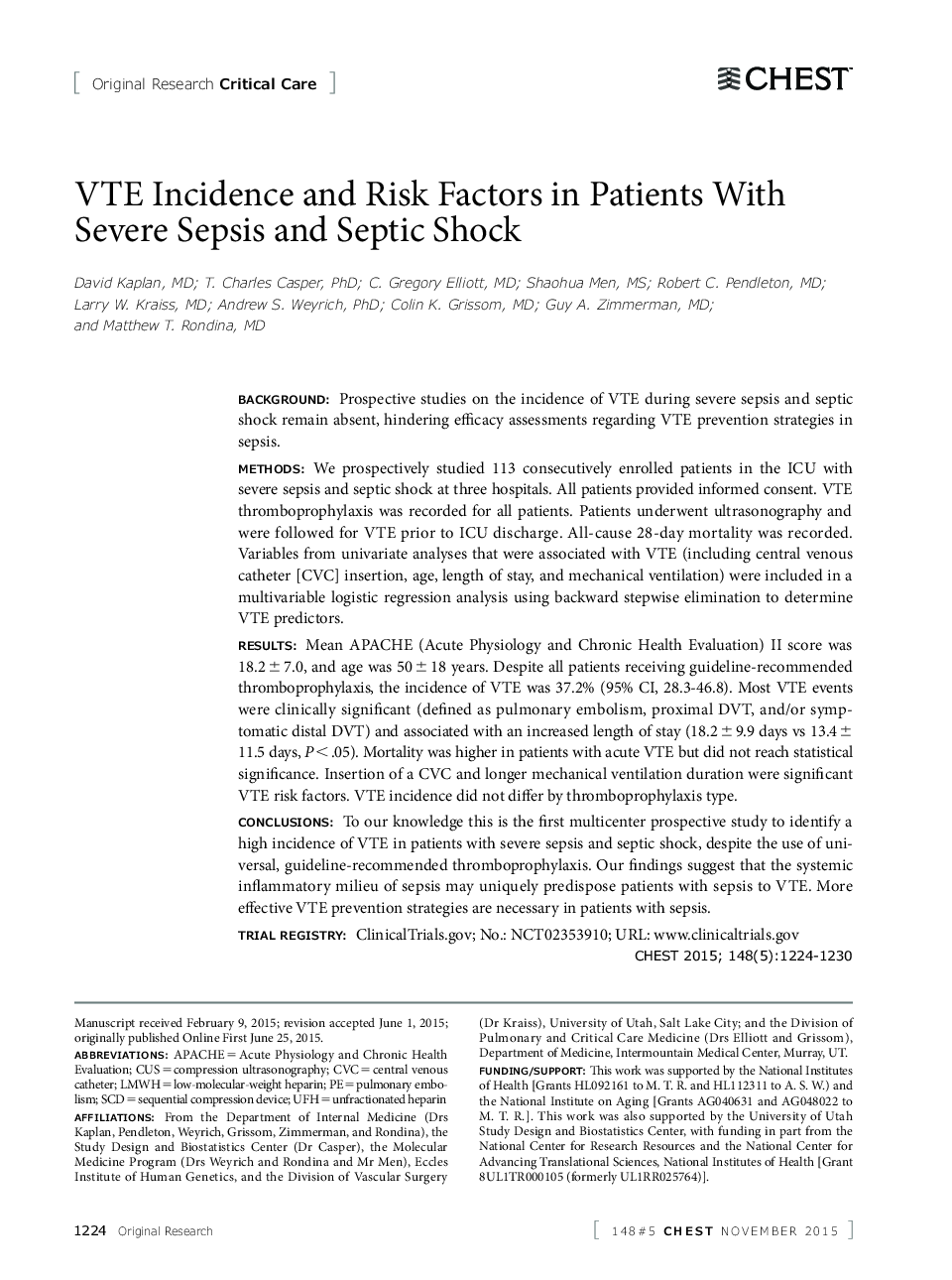 VTE Incidence and Risk Factors in Patients With Severe Sepsis and Septic Shock