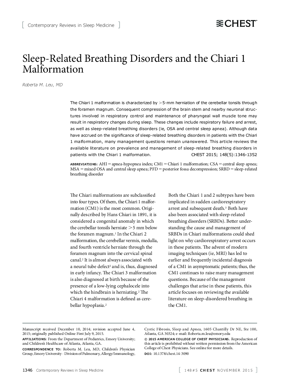 Sleep-Related Breathing Disorders and the Chiari 1 Malformation