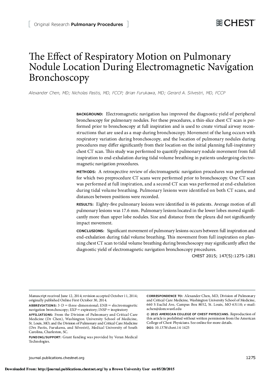 The Effect of Respiratory Motion on Pulmonary Nodule Location During Electromagnetic Navigation Bronchoscopy