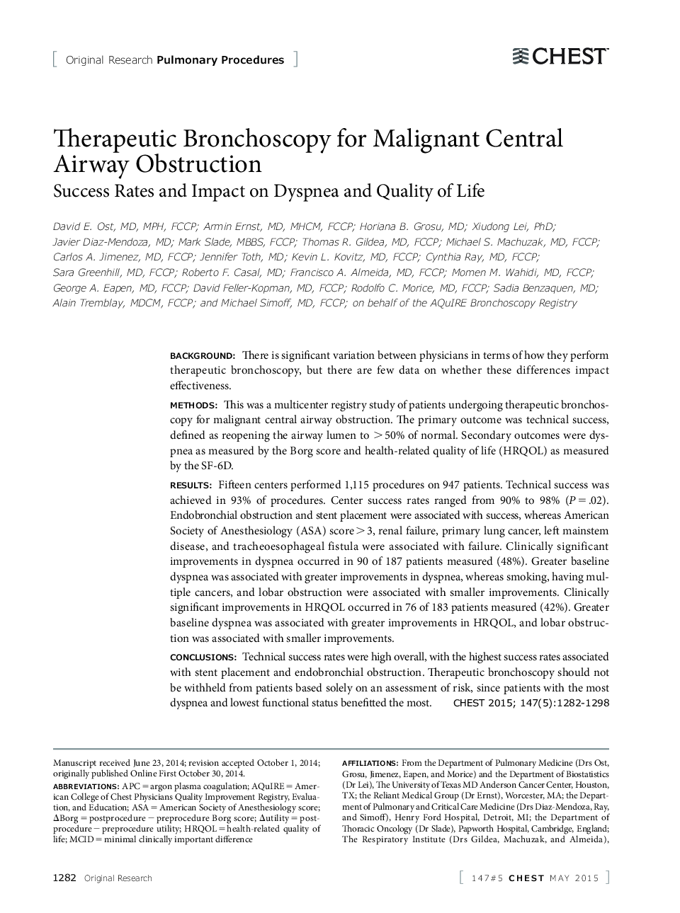 Original Research: Pulmonary ProceduresTherapeutic Bronchoscopy for Malignant Central Airway Obstruction
