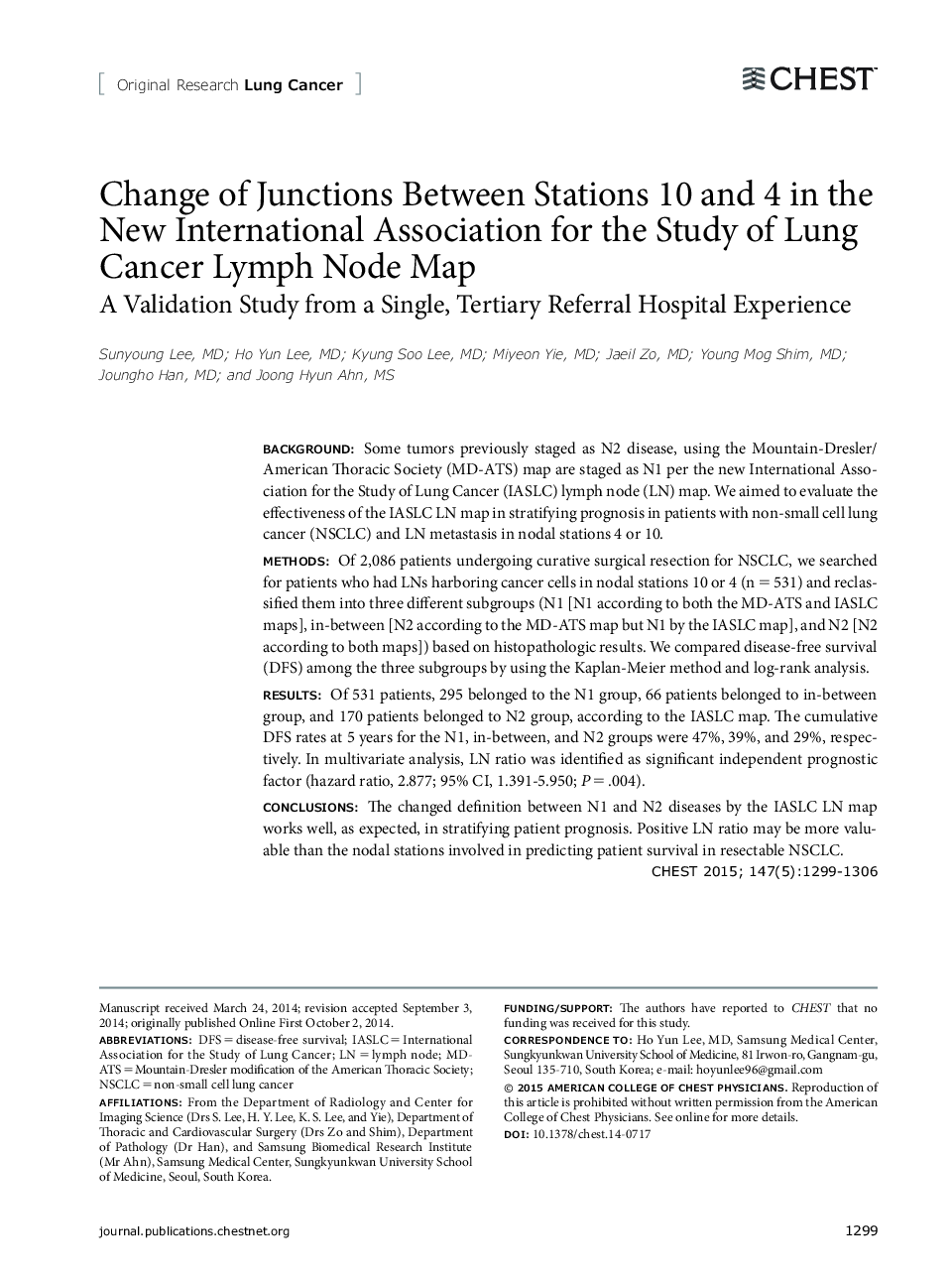 Change of Junctions Between Stations 10 and 4 in the New International Association for the Study of Lung Cancer Lymph Node Map