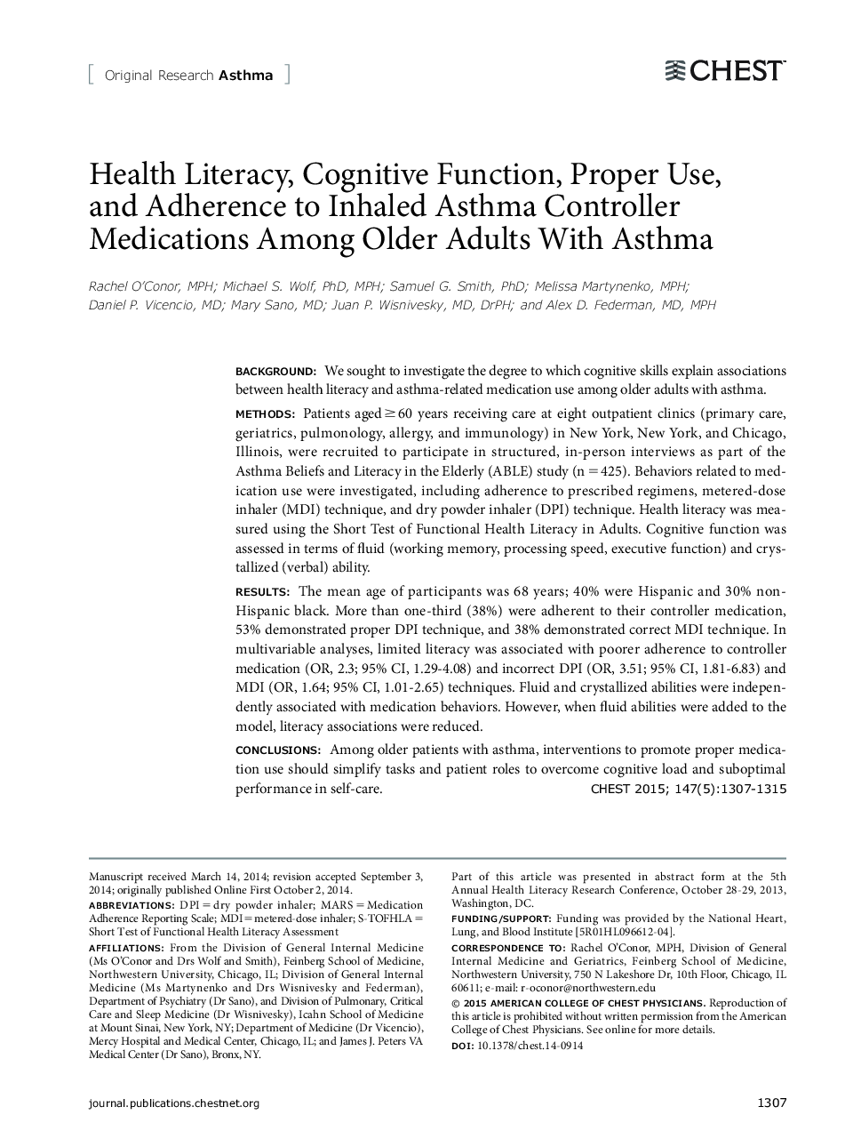 Health Literacy, Cognitive Function, Proper Use, and Adherence to Inhaled Asthma Controller Medications Among Older Adults With Asthma