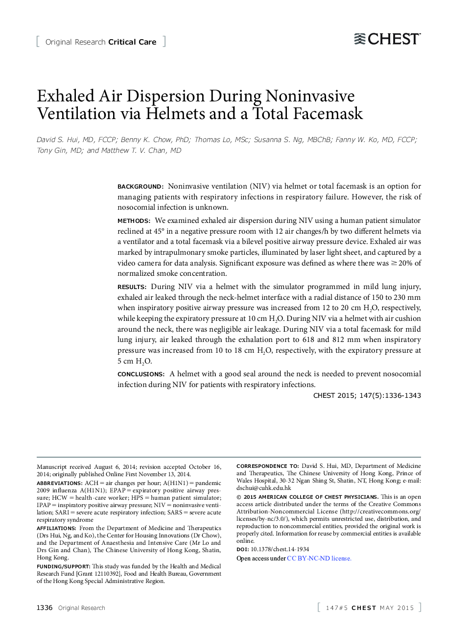 Exhaled Air Dispersion During Noninvasive Ventilation via Helmets and a Total Facemask