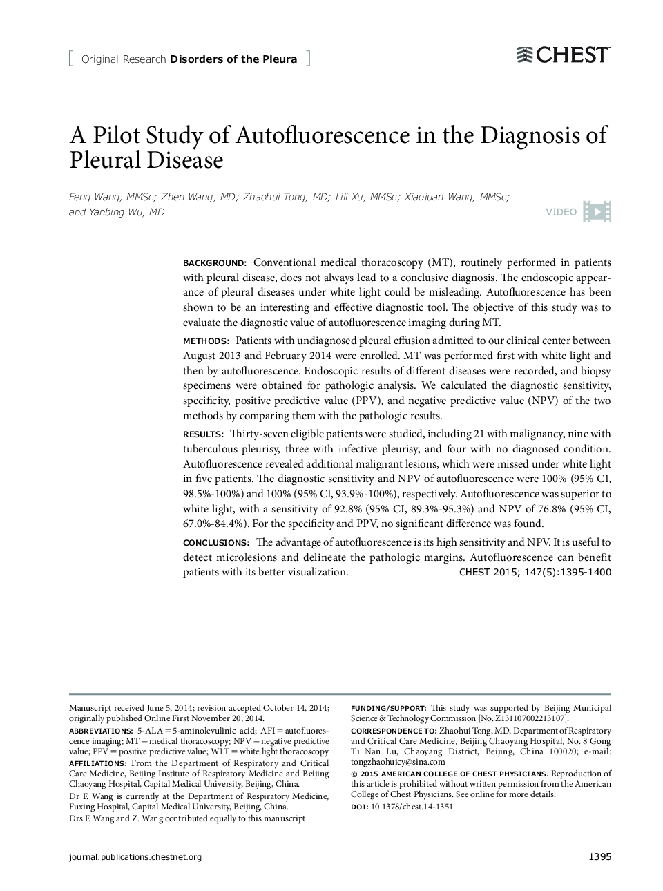 A Pilot Study of Autofluorescence in the Diagnosis of Pleural Disease