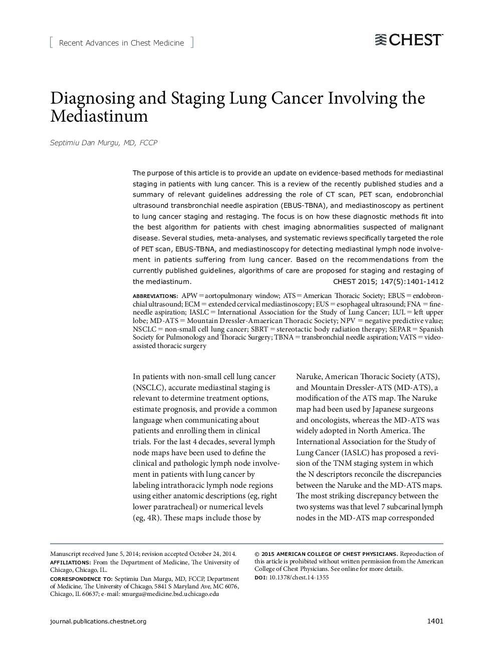 Recent Advances in Chest MedicineDiagnosing and Staging Lung Cancer Involving the Mediastinum