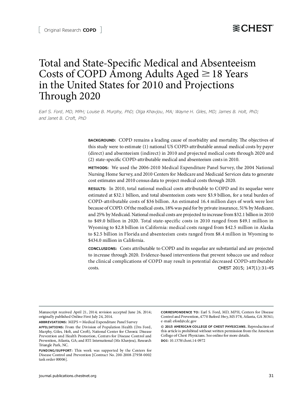 Total and State-Specific Medical and Absenteeism Costs of COPD Among Adults Aged 18 Years in the United States for 2010 and Projections Through 2020