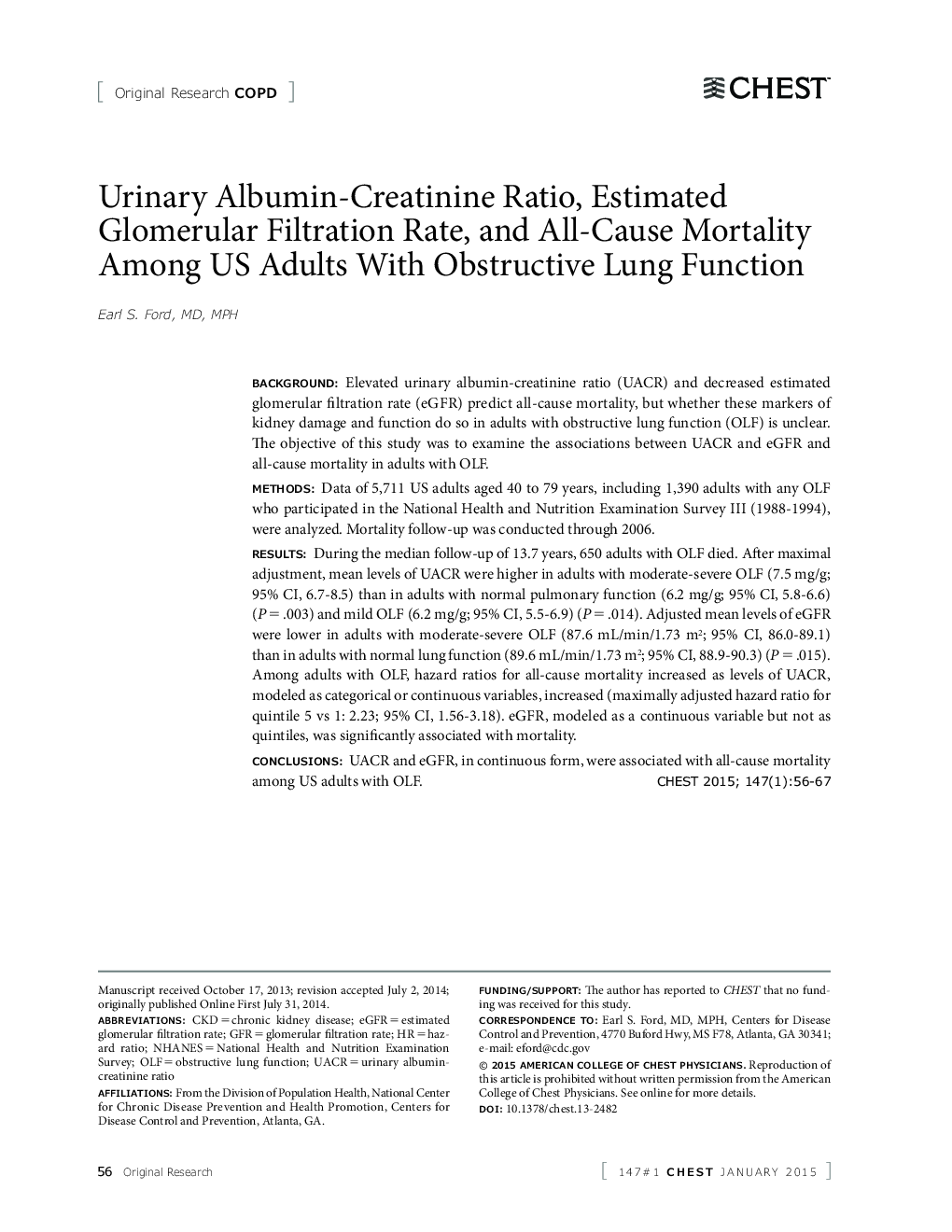 Original Research: COPDUrinary Albumin-Creatinine Ratio, Estimated Glomerular Filtration Rate, and All-Cause Mortality Among US Adults With Obstructive Lung Function