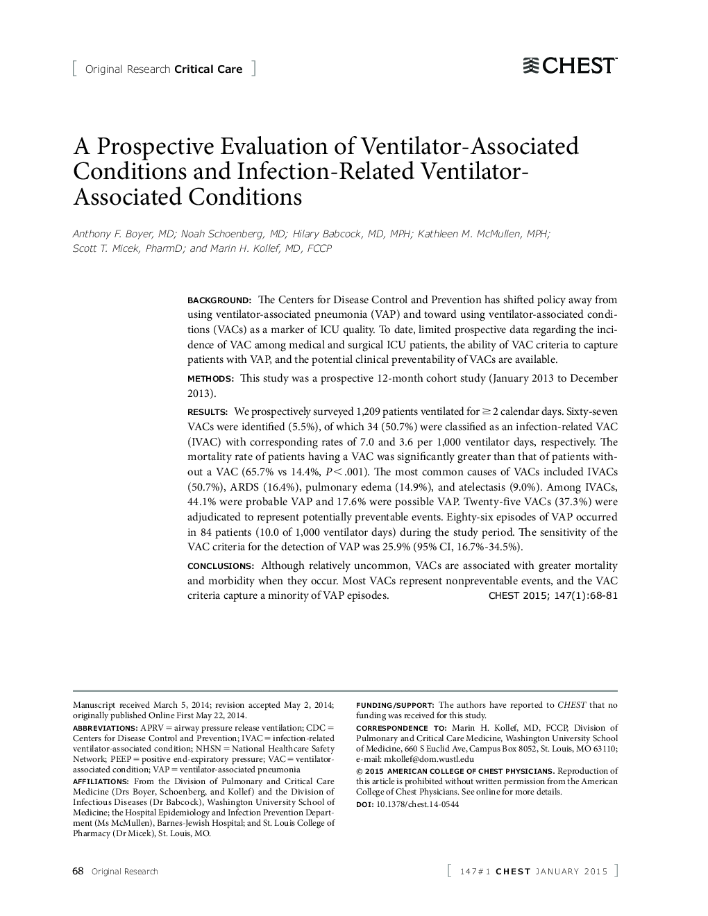 A Prospective Evaluation of Ventilator-Associated Conditions and Infection-Related Ventilator-Associated Conditions