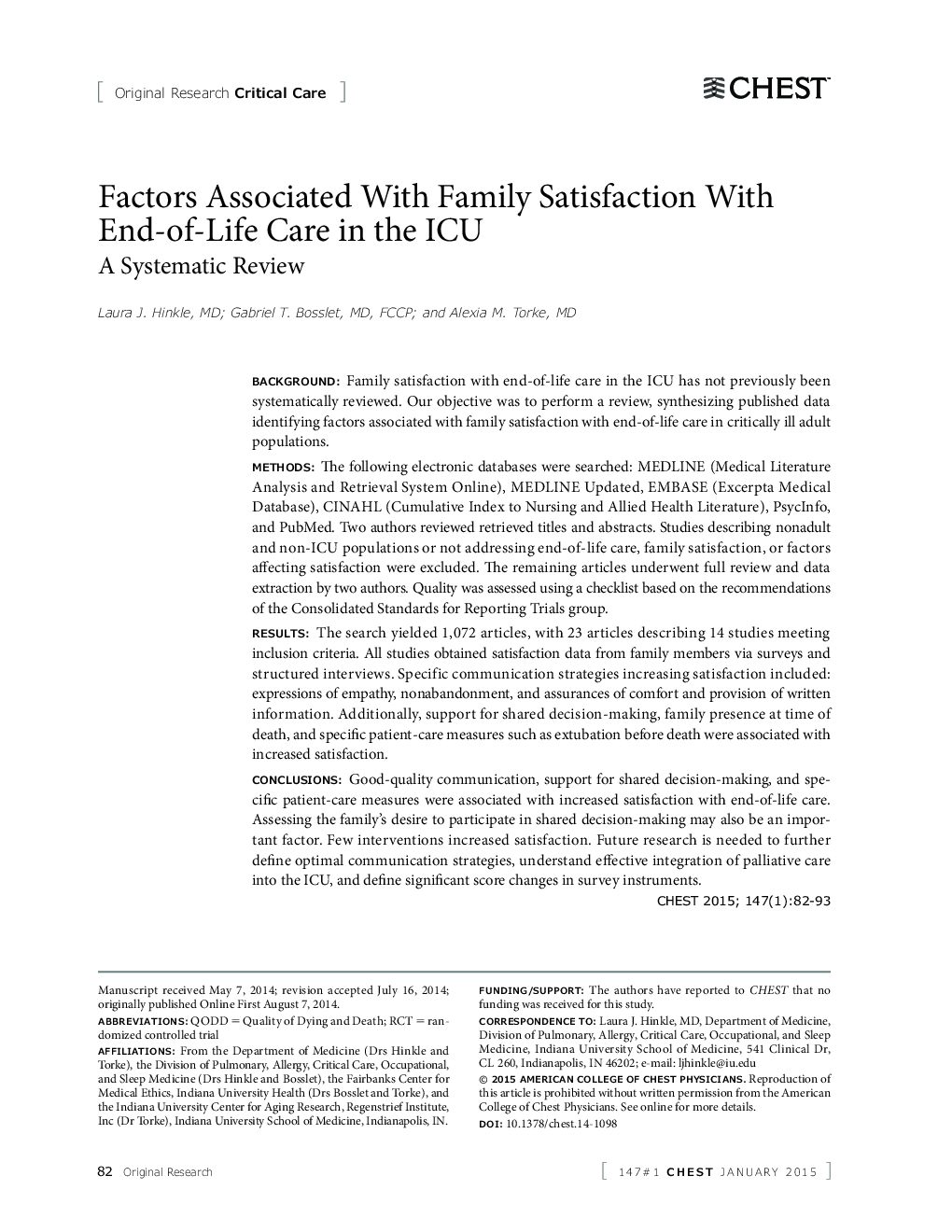 Factors Associated With Family Satisfaction With End-of-Life Care in the ICU