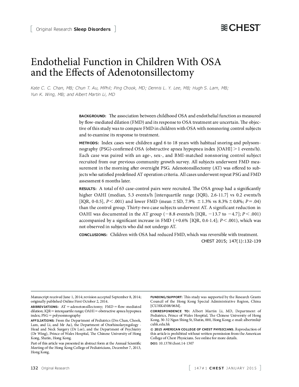 Endothelial Function in Children With OSA and the Effects of Adenotonsillectomy