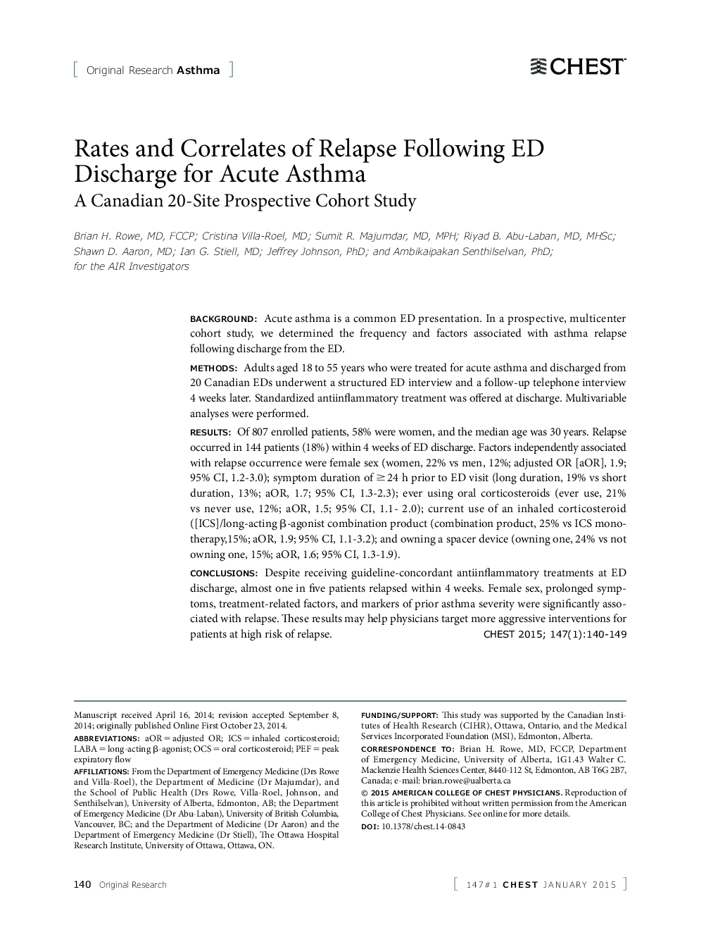 Rates and Correlates of Relapse Following ED Discharge for Acute Asthma