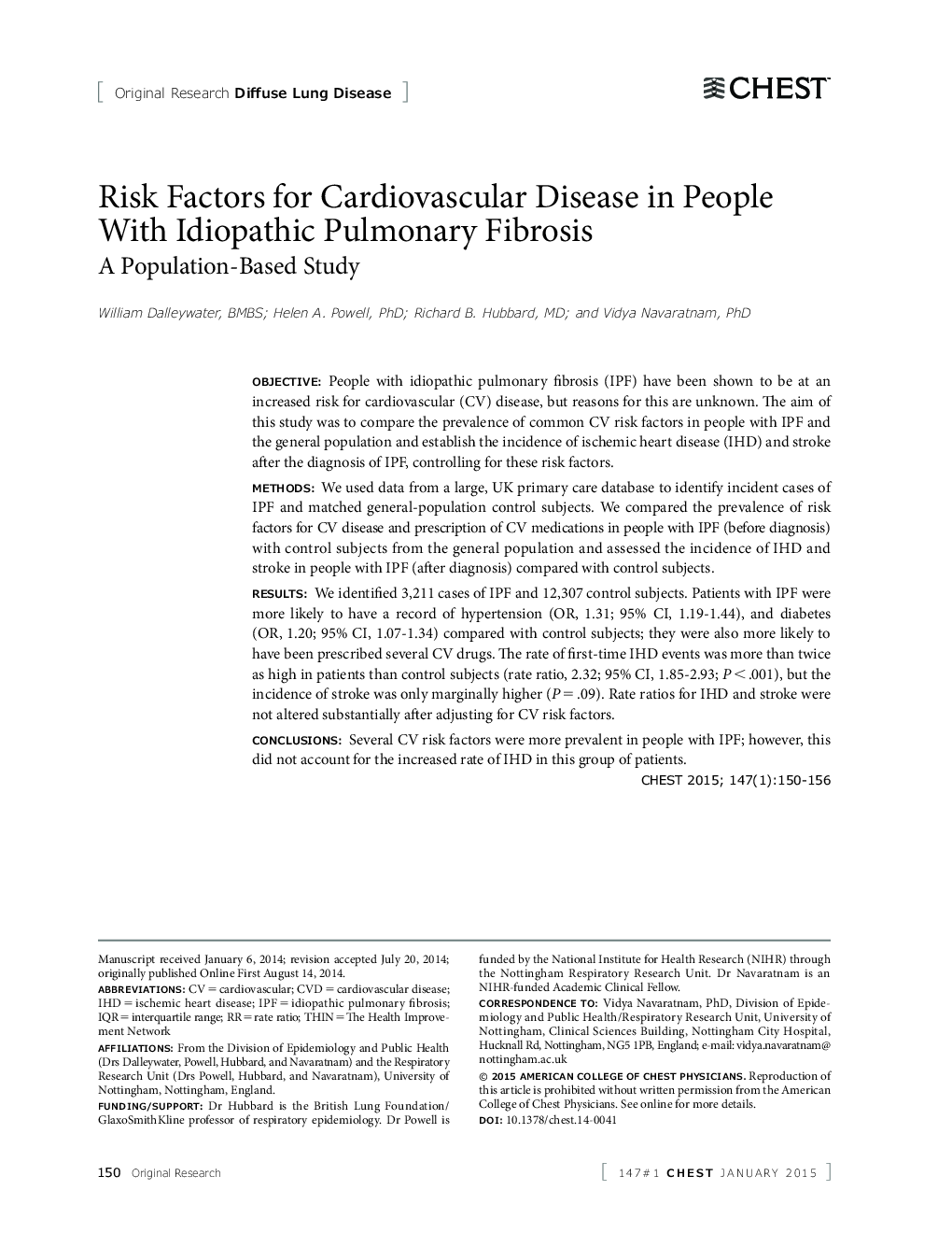 عوامل خطرساز بیماریهای قلبی عروقی در افراد مبتلا به فیبروز ریه ایدیوپاتیک 