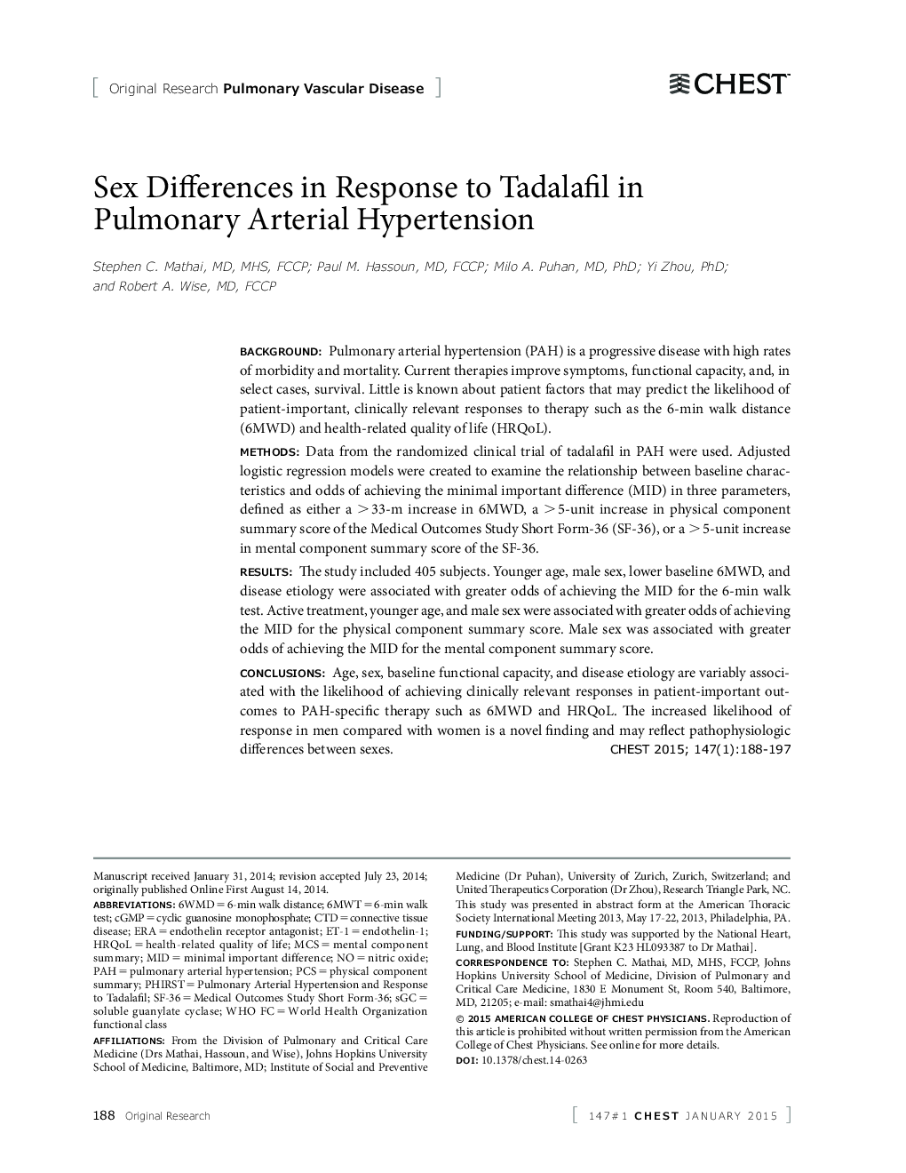 Sex Differences in Response to Tadalafil in Pulmonary Arterial Hypertension
