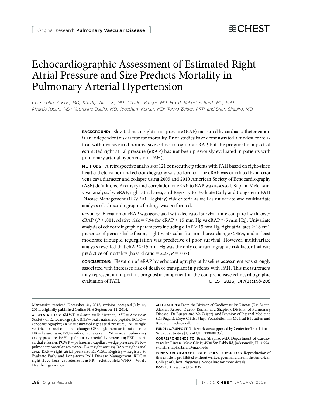 Echocardiographic Assessment of Estimated Right Atrial Pressure and Size Predicts Mortality in Pulmonary Arterial Hypertension