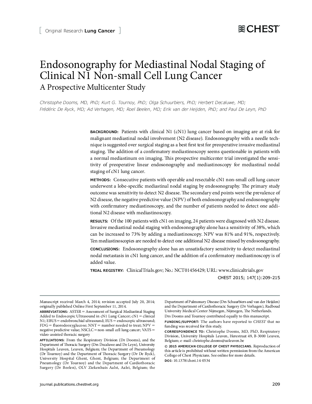 Original Research: Lung CancerEndosonography for Mediastinal Nodal Staging of Clinical N1 Non-small Cell Lung Cancer