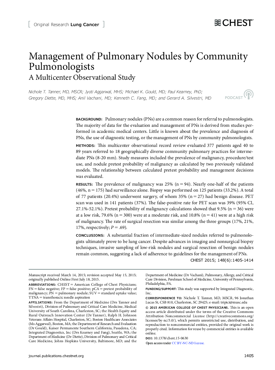 Management of Pulmonary Nodules by Community Pulmonologists: A Multicenter Observational Study