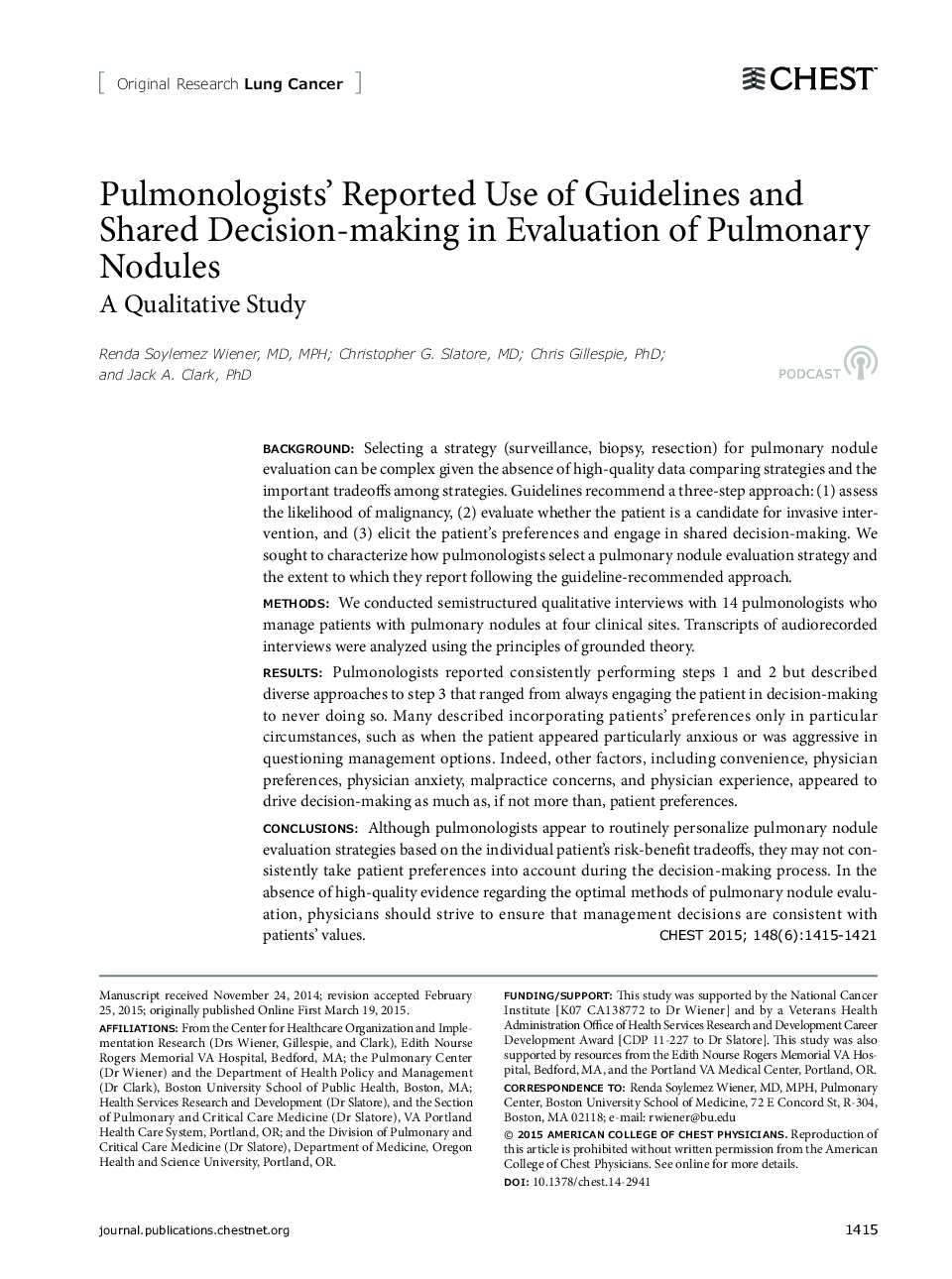 Pulmonologists' Reported Use of Guidelines and Shared Decision-making in Evaluation of Pulmonary Nodules