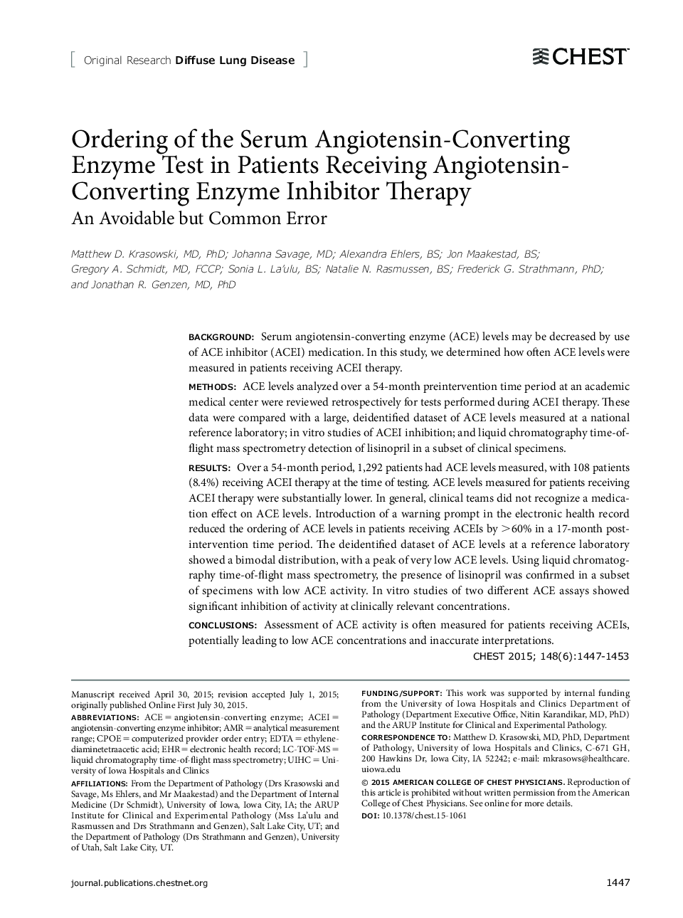 Ordering of the Serum Angiotensin-Converting Enzyme Test in Patients Receiving Angiotensin-Converting Enzyme Inhibitor Therapy