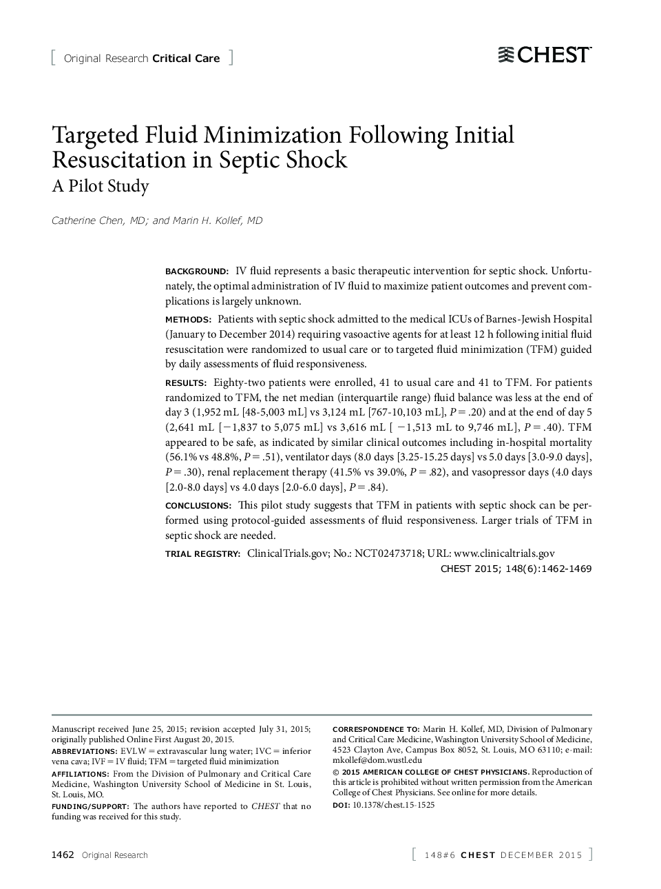 Targeted Fluid Minimization Following Initial Resuscitation in Septic Shock