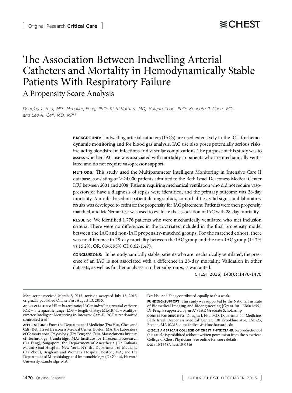 The Association Between Indwelling Arterial Catheters and Mortality in Hemodynamically Stable Patients With Respiratory Failure