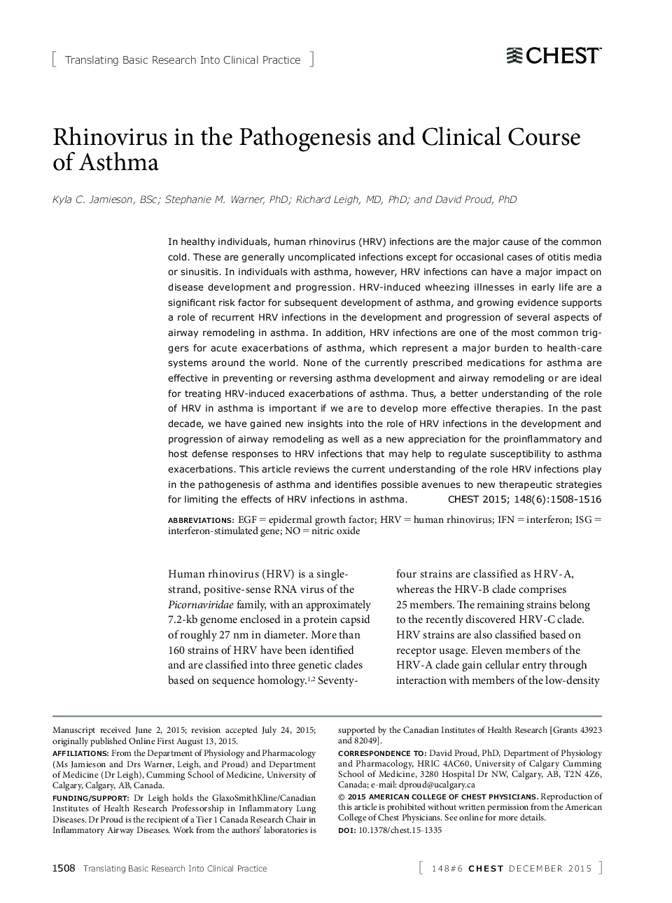 Rhinovirus in the Pathogenesis and Clinical Course of Asthma