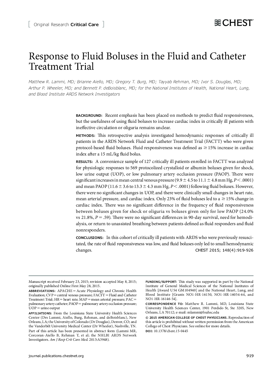 Response to Fluid Boluses in the Fluid and Catheter Treatment Trial