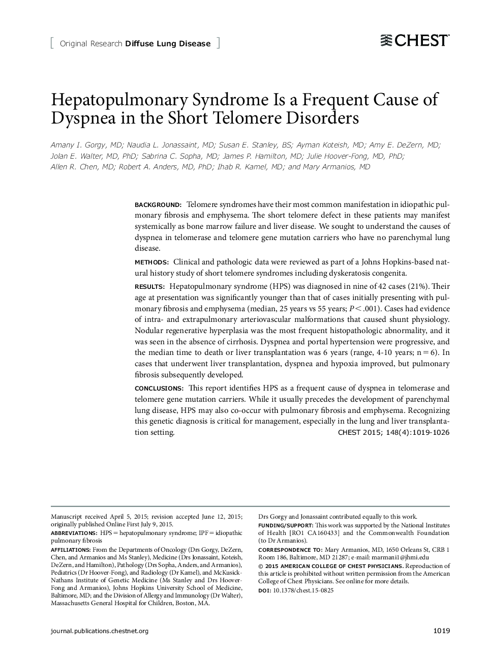 Hepatopulmonary Syndrome Is a Frequent Cause of Dyspnea in the Short Telomere Disorders