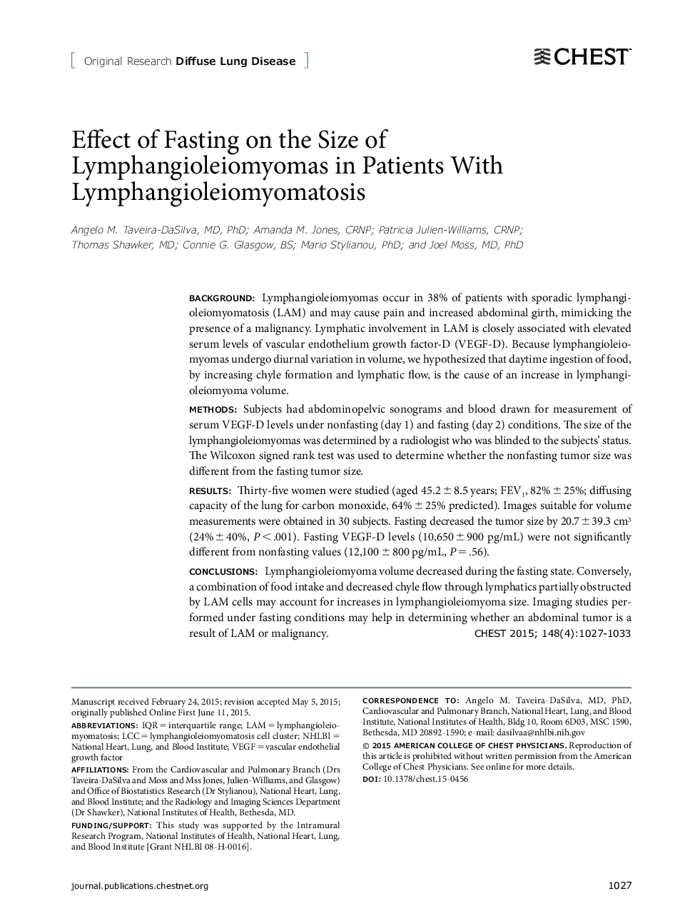 Effect of Fasting on the Size of Lymphangioleiomyomas in Patients With Lymphangioleiomyomatosis