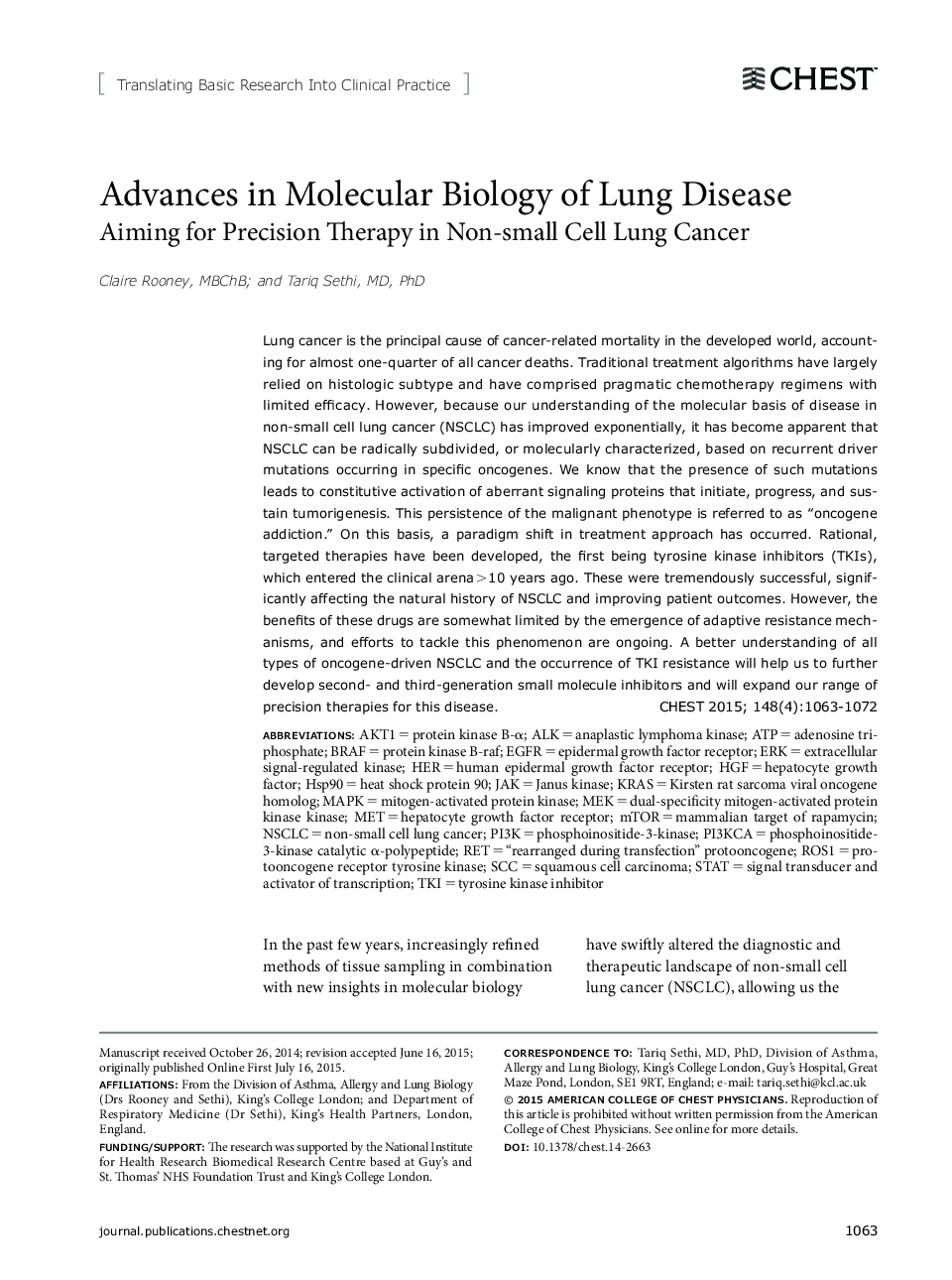 Advances in Molecular Biology of Lung Disease