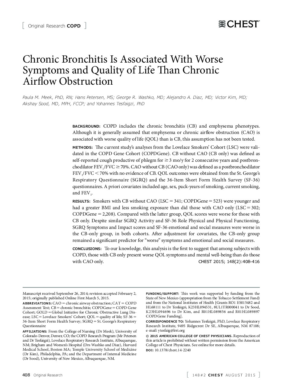 Chronic Bronchitis Is Associated With Worse Symptoms and Quality of Life Than Chronic Airflow Obstruction