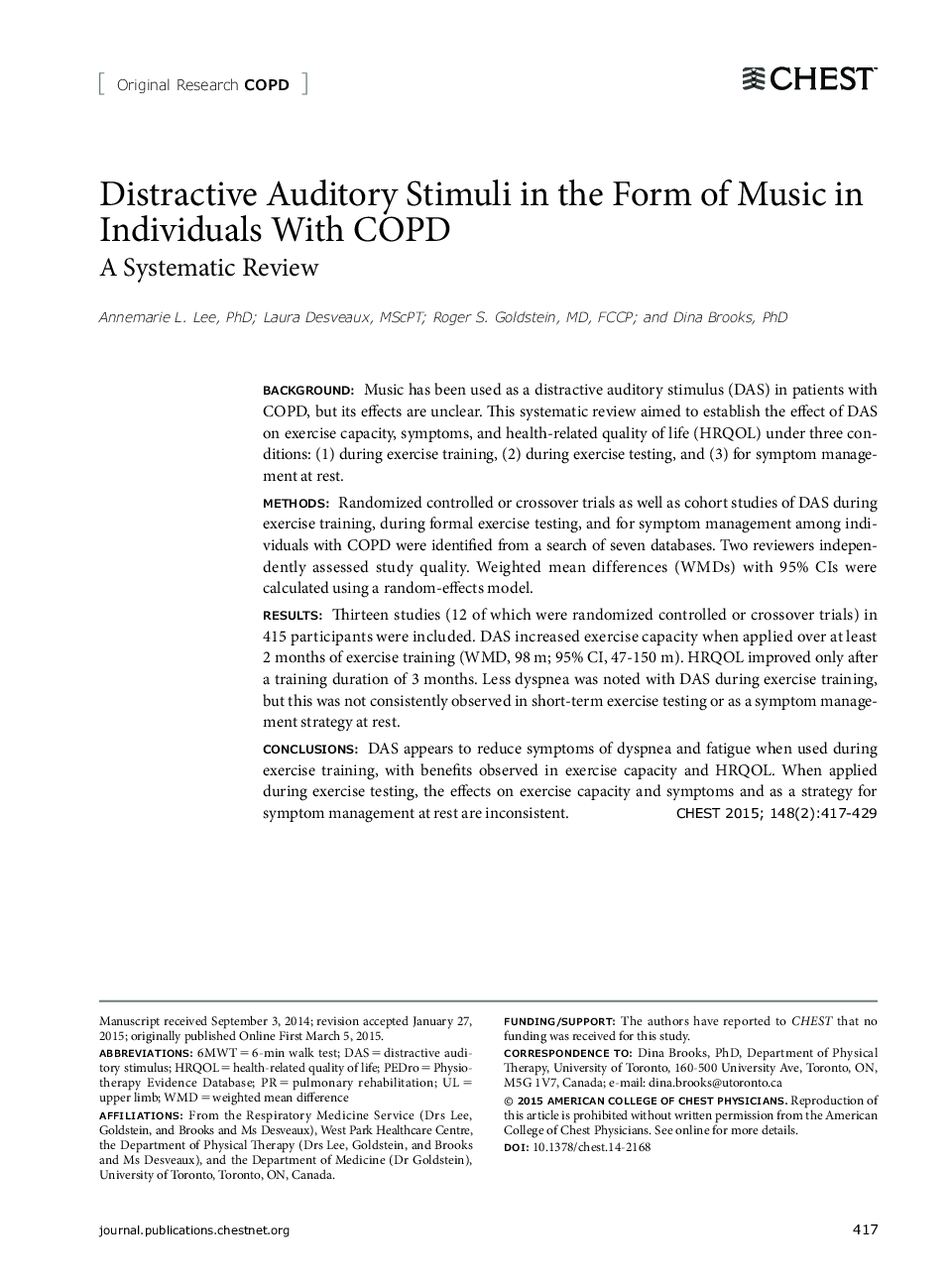 Distractive Auditory Stimuli in the Form of Music in Individuals With COPD