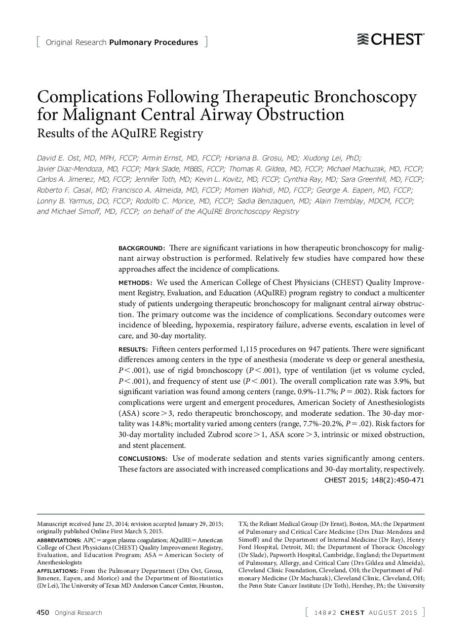 Complications Following Therapeutic Bronchoscopy for Malignant Central Airway Obstruction
