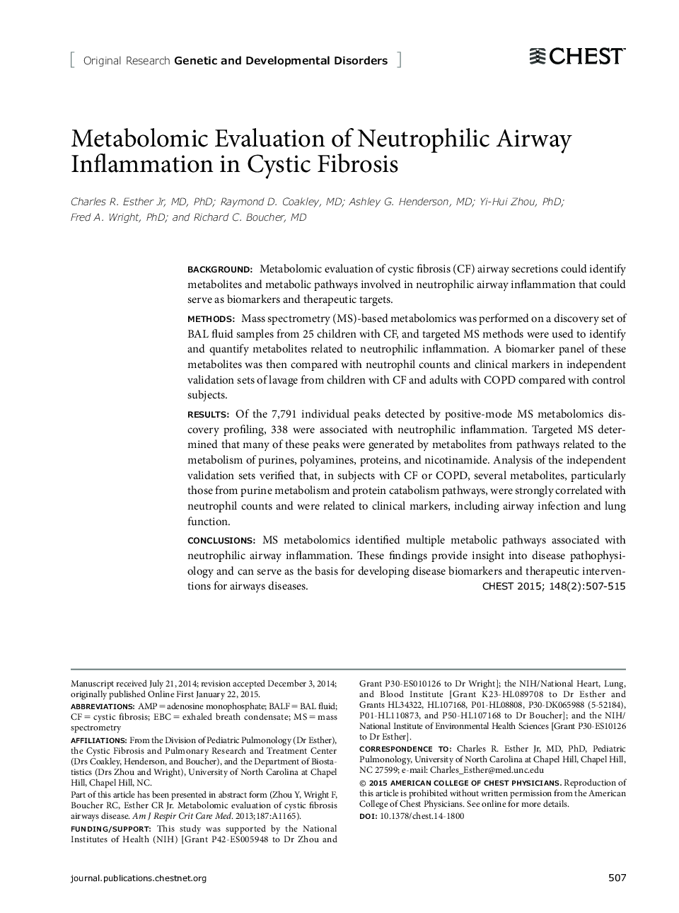 Metabolomic Evaluation of Neutrophilic Airway Inflammation in Cystic Fibrosis