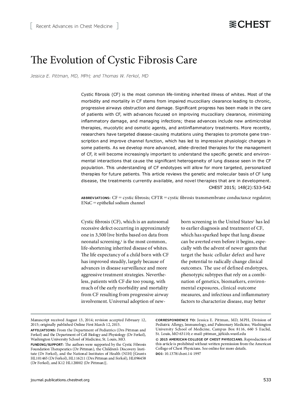The Evolution of Cystic Fibrosis Care