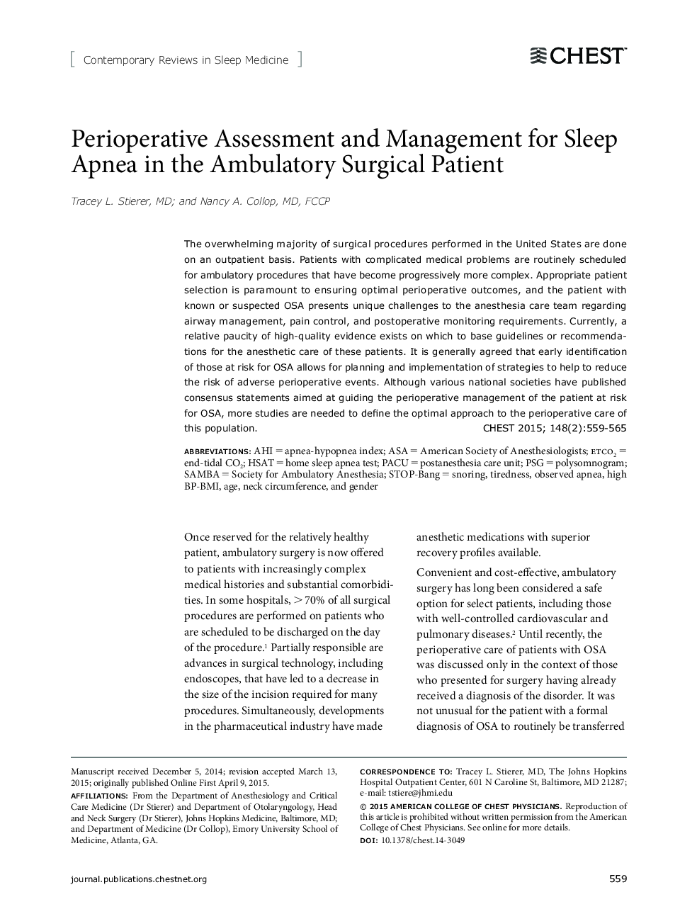Perioperative Assessment and Management for Sleep Apnea in the Ambulatory Surgical Patient