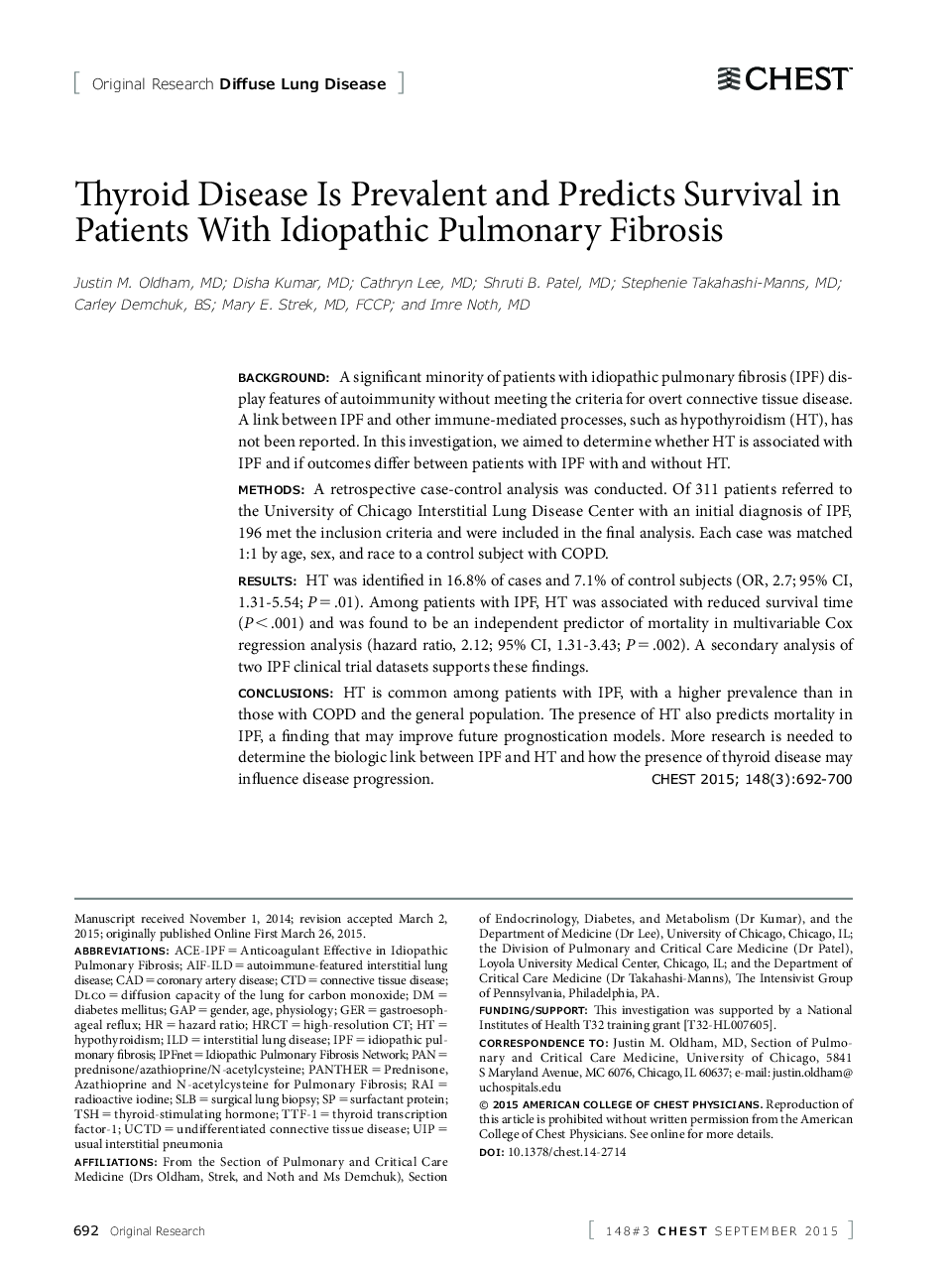 Thyroid Disease Is Prevalent and Predicts Survival in Patients With Idiopathic Pulmonary Fibrosis