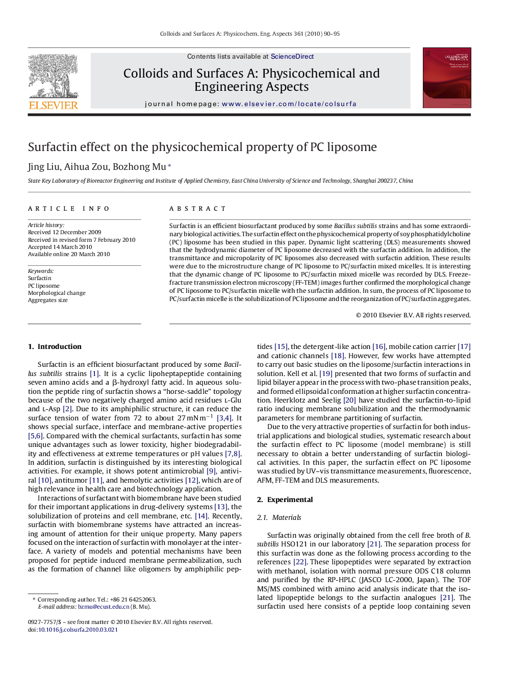 Surfactin effect on the physicochemical property of PC liposome