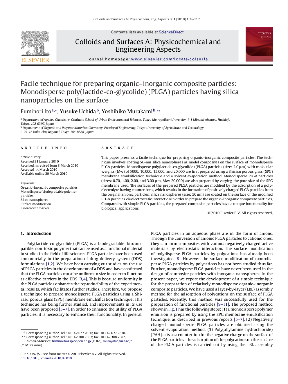 Facile technique for preparing organic–inorganic composite particles: Monodisperse poly(lactide-co-glycolide) (PLGA) particles having silica nanoparticles on the surface