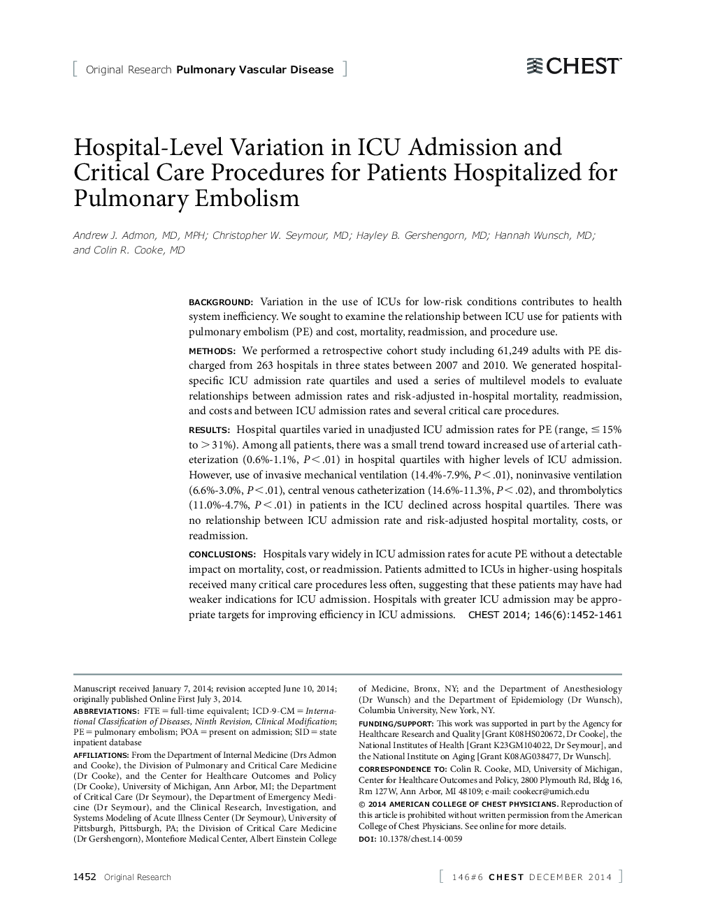 Hospital-Level Variation in ICU Admission and Critical Care Procedures for Patients Hospitalized for Pulmonary Embolism